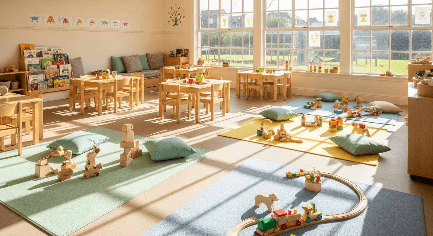 Sunlit playroom with wooden toys at Lily's Nursery and Daycare, Greenhithe